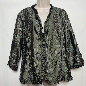 Embroidered Ruffle-Trim Open Front Blouse Jacket Olive Green 3/4 Sleeve